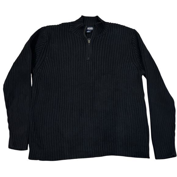 Vintage Lands' End Chunky Ribbed Knit Black Cotton 1/4 Zip Sweater Men's Large - Picture 1 of 6